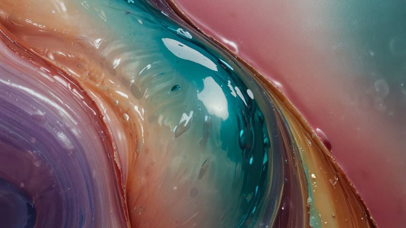 Swirling purple, pink, and orange liquid streams with tiny water droplets in a detailed macro composition.