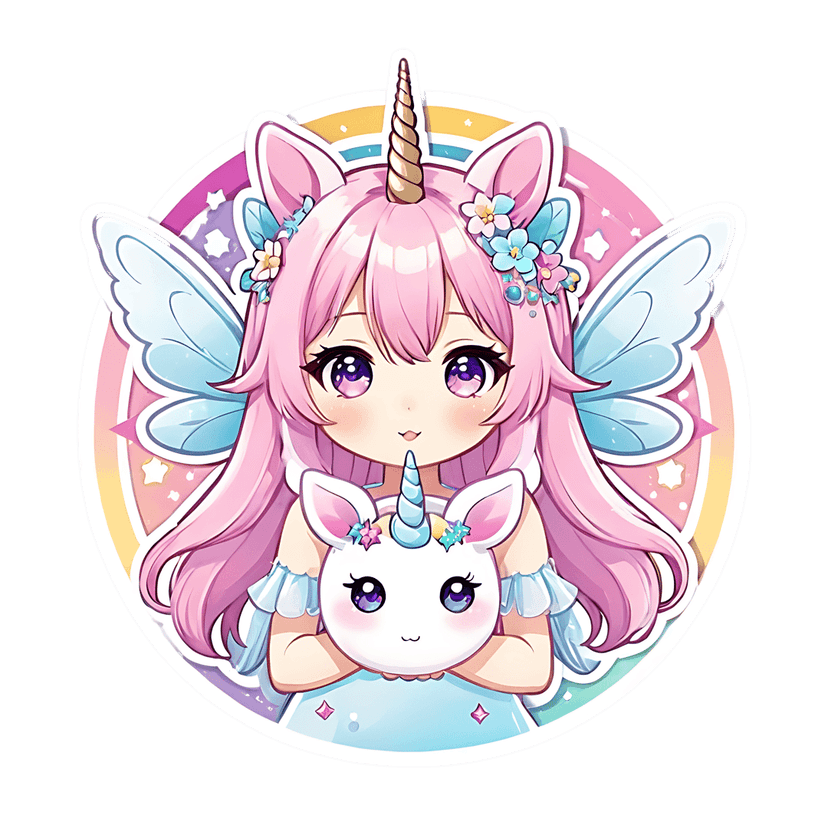 Chibi unicorn fairy sticker with pink hair holding a white plush toy against a circular rainbow star background.