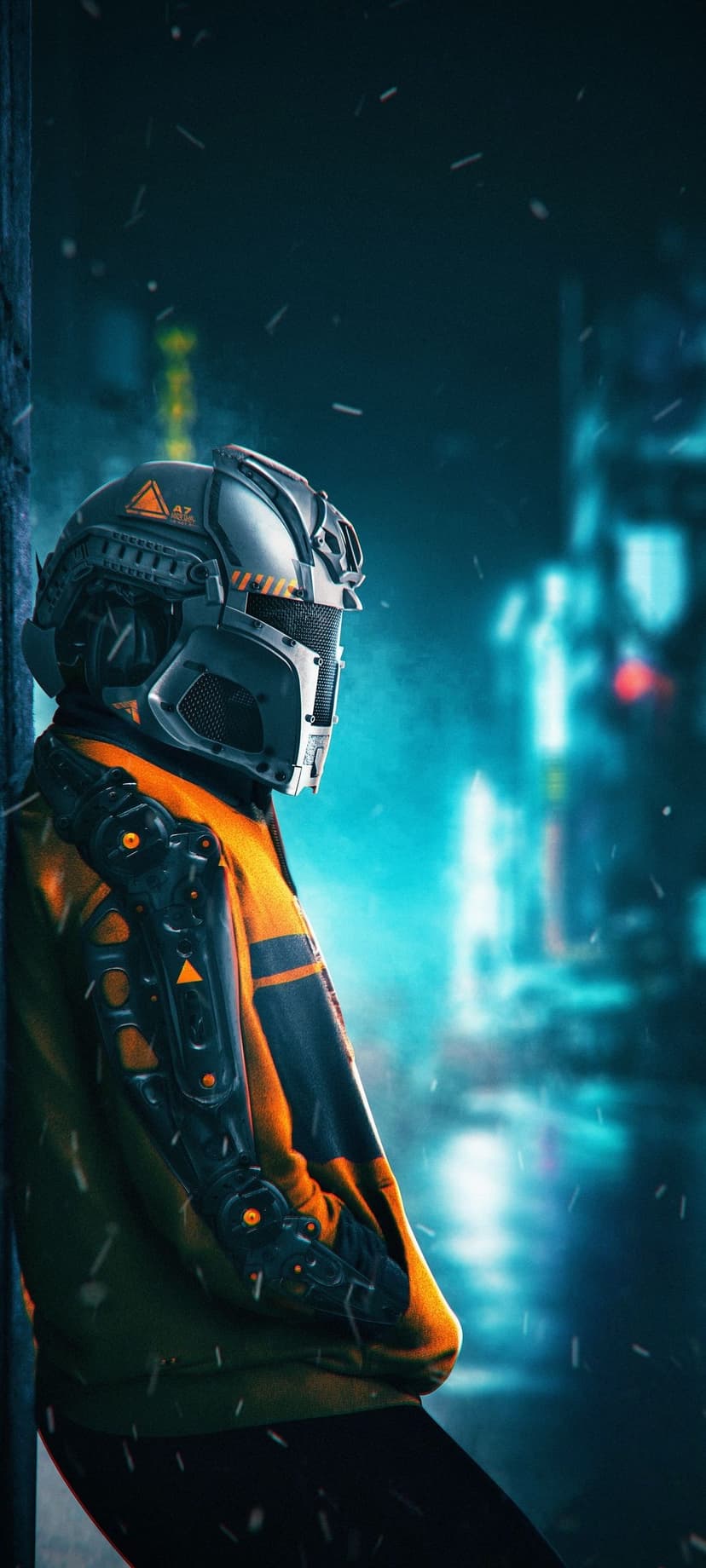 Cyberpunk warrior in an orange jacket with a bionic arm stands in a snowy neon alley with glowing bokeh lights.