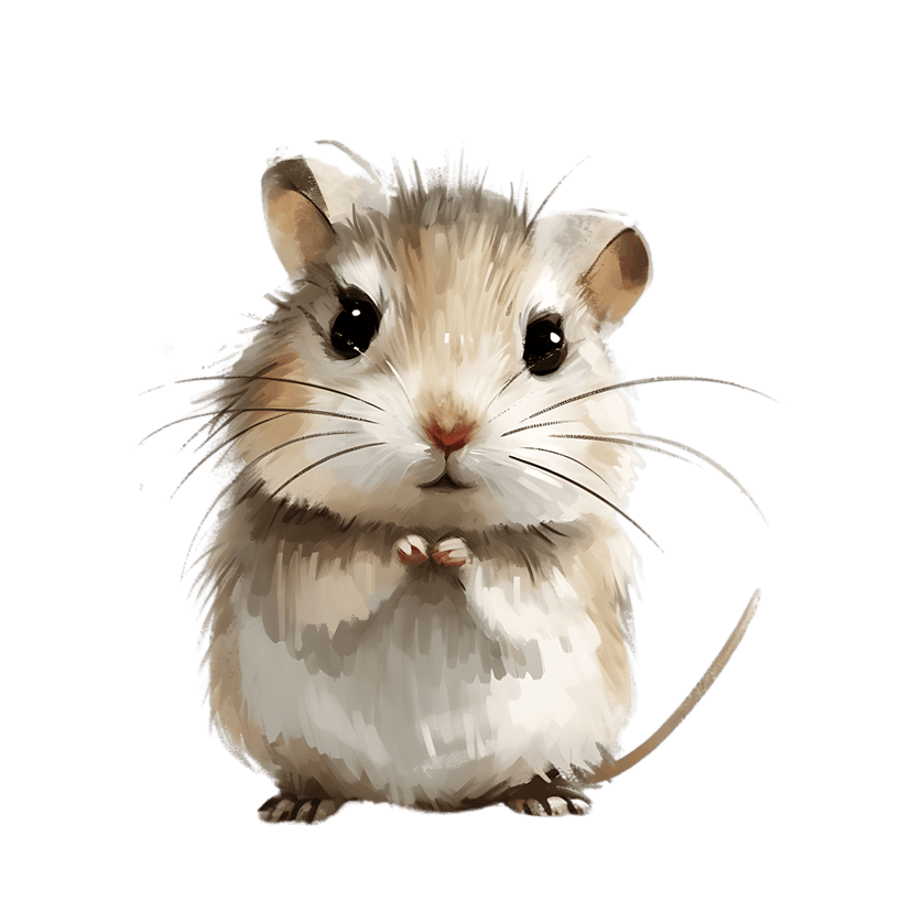 Watercolor gerbil portrait shows a fluffy brown rodent with dark eyes and pink nose on a black background.