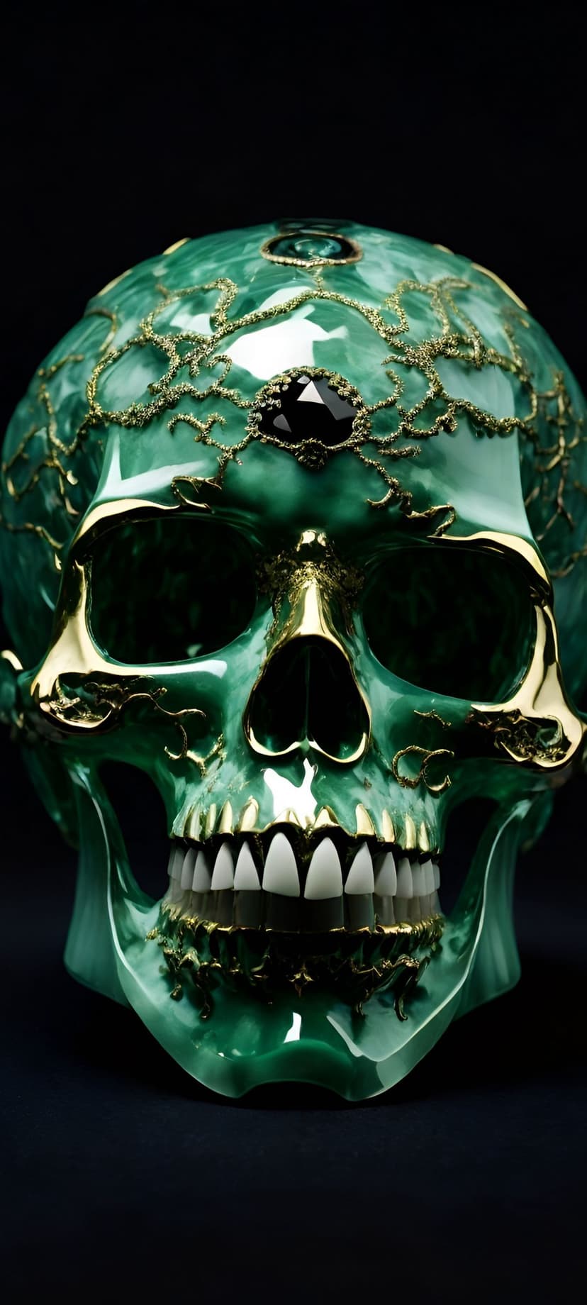 Green skull with gold filigree and a black forehead gemstone centered on a dark minimalist background.
