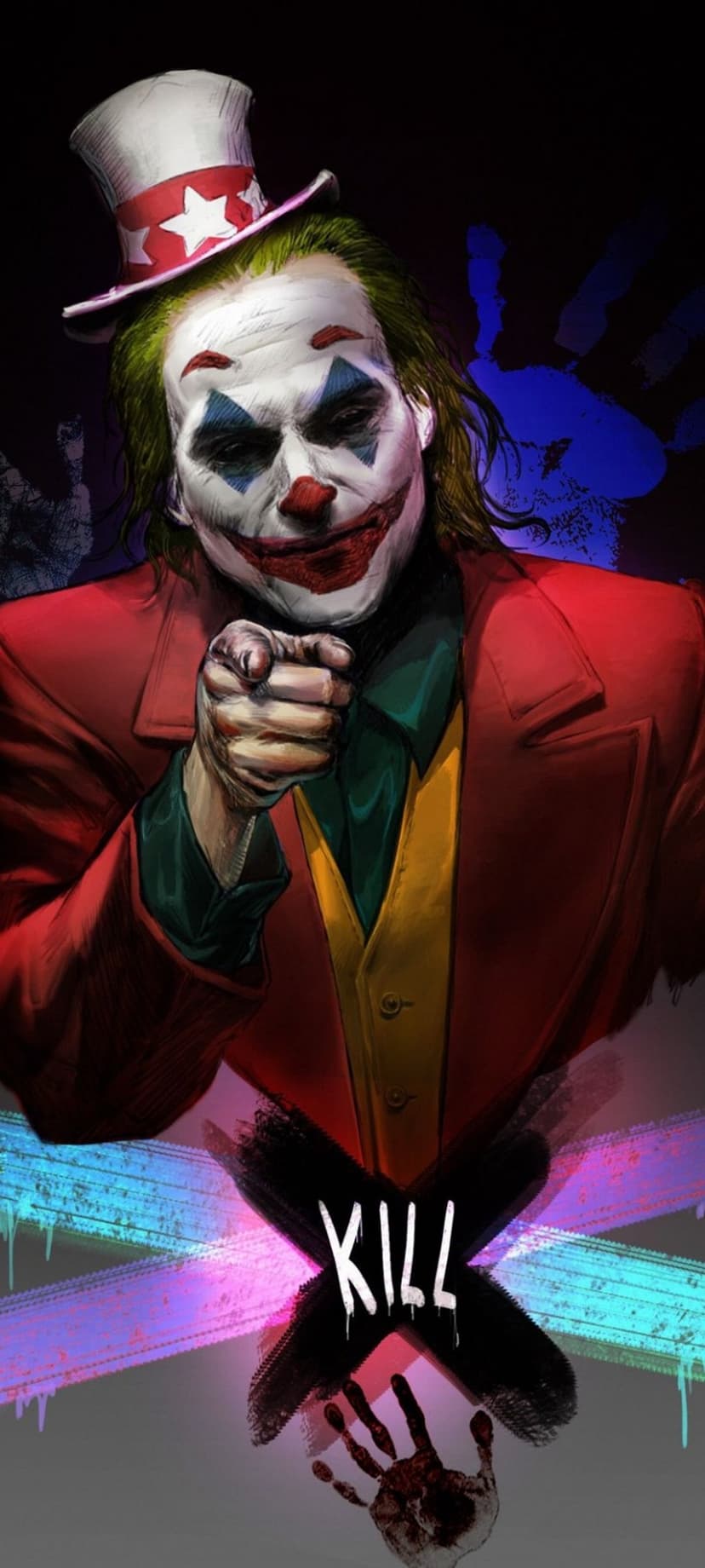 Joker in a top hat points his finger forward beside a red handprint and stylized Kill X text on a dark background.