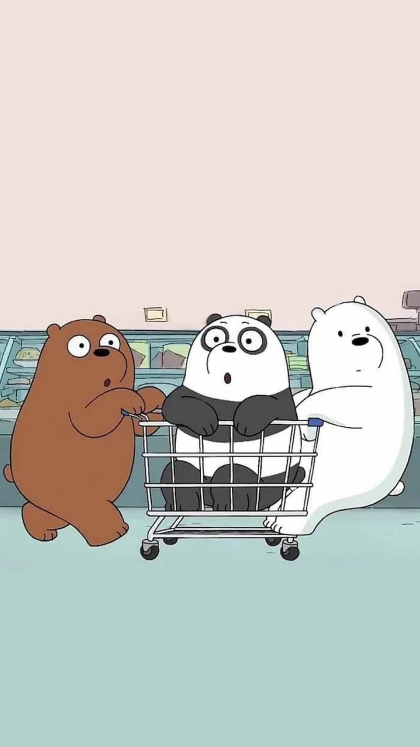Grizzly, Panda, and Ice Bear navigate a metal shopping cart through a grocery store with excited expressions.