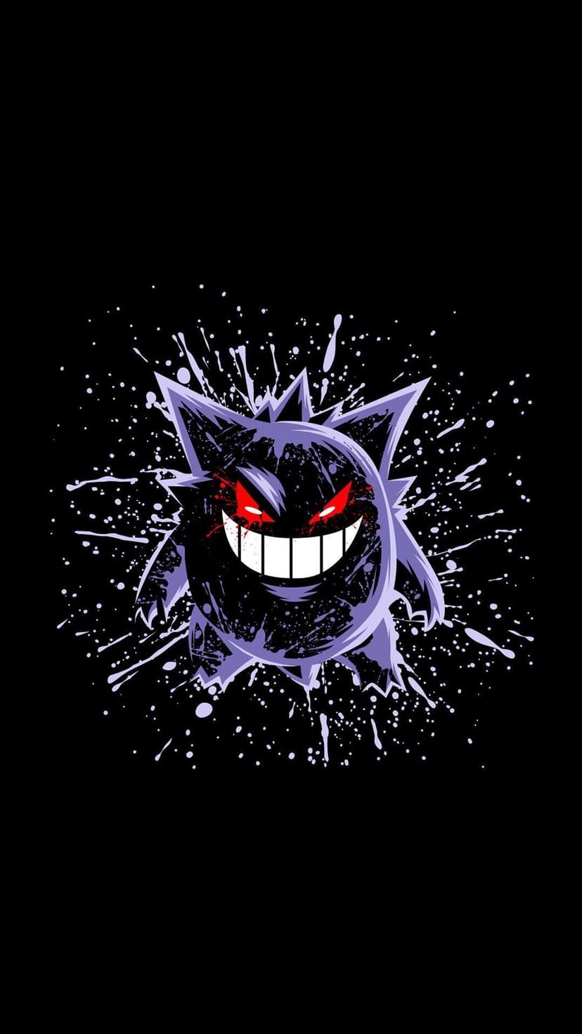 Stylized Gengar with glowing red eyes and a wide grin centered amidst purple and white paint splatters on black.
