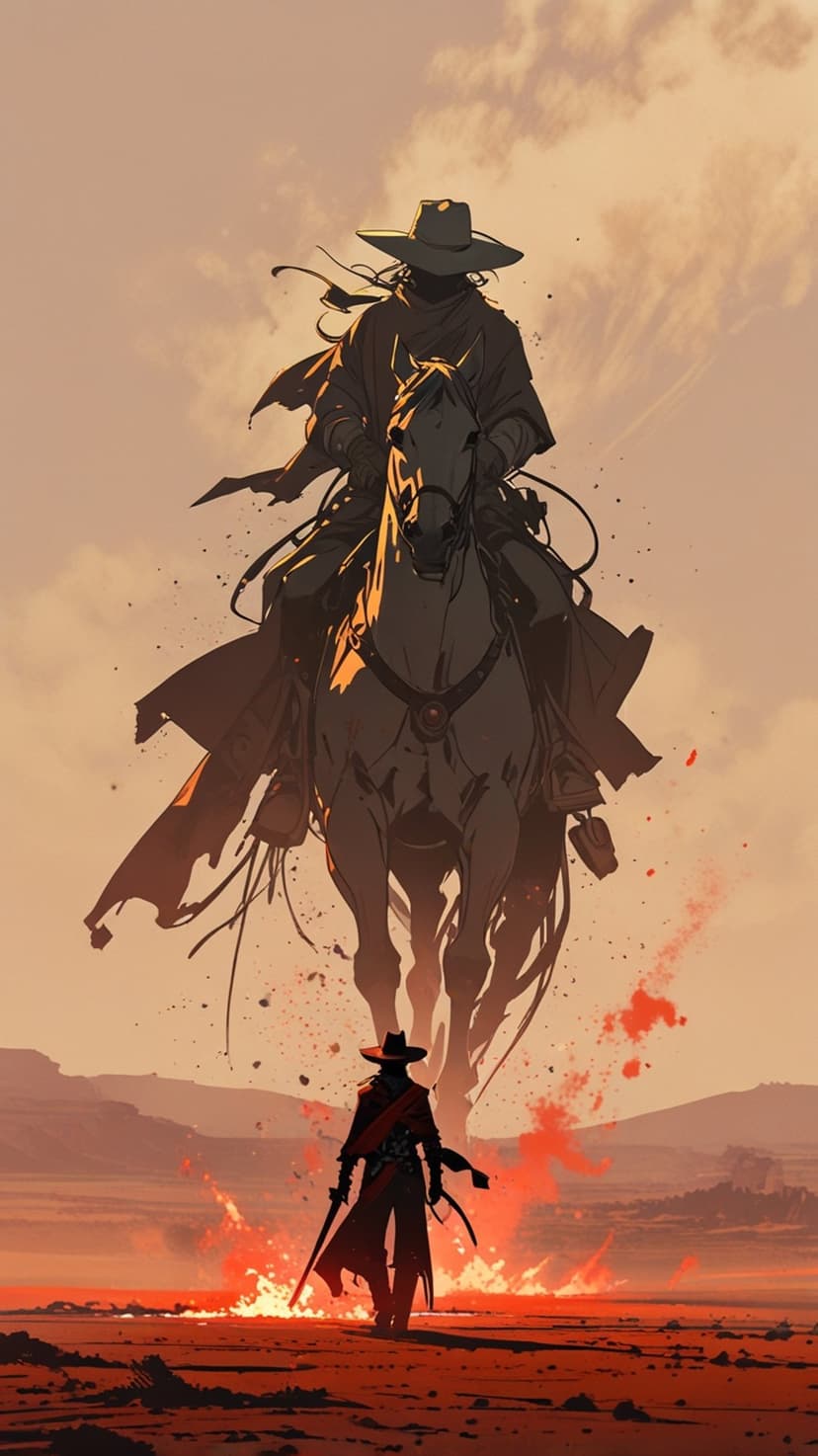 Silhouetted cowboy on horseback confronts a gunfighter amid orange dust clouds and embers in a desert canyon.