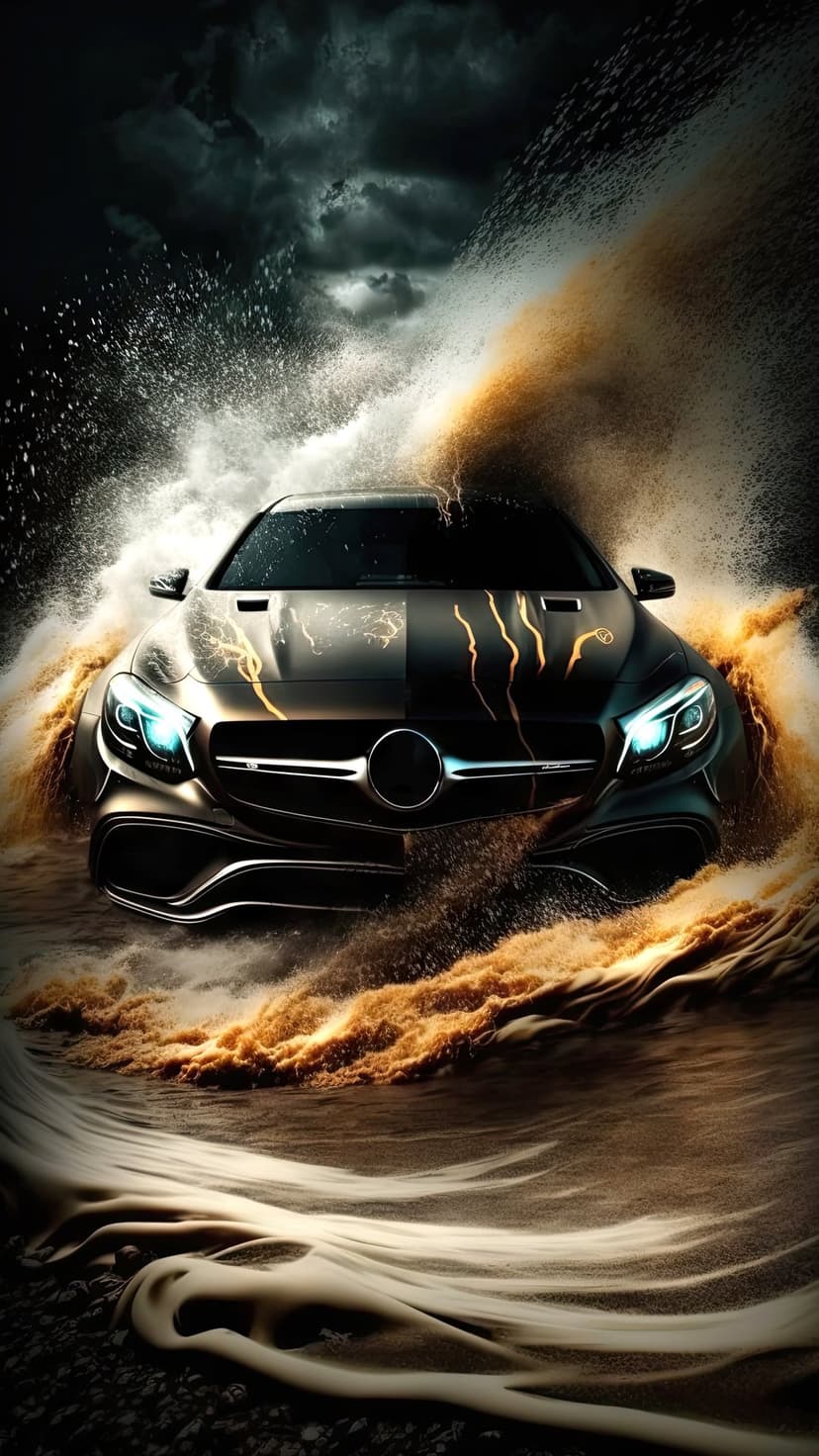 Mercedes-Benz car surrounded by explosive water splashes and swirling sand particles under dramatic lighting.