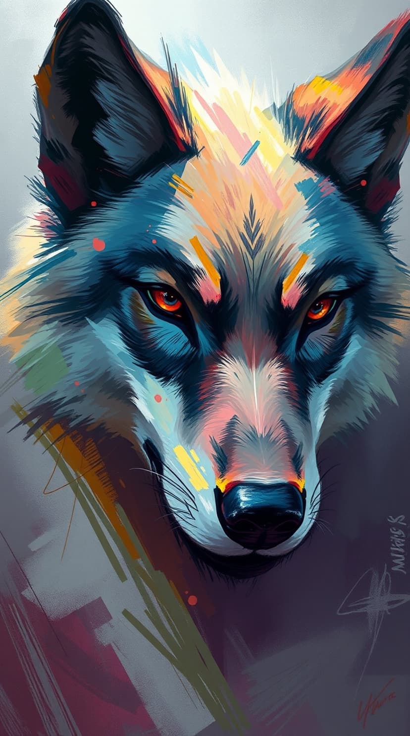 Wolf face with glowing orange eyes and colorful paint strokes across its fur in a high-contrast close-up.