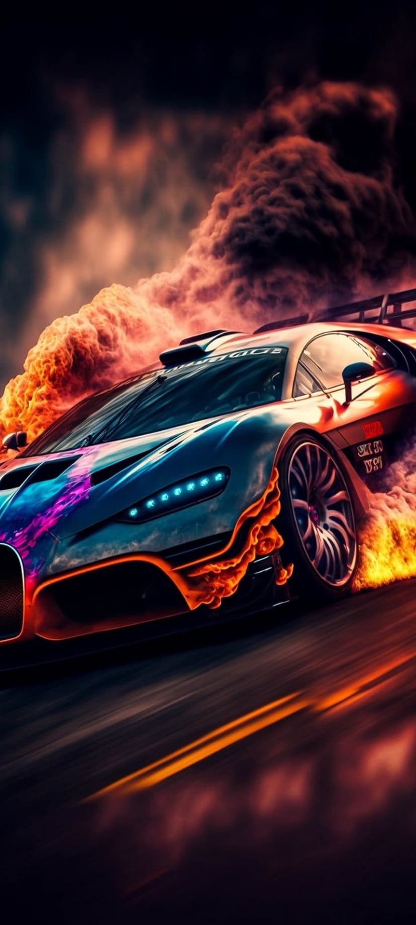 Racing car with glowing blue headlights drifts through orange flames and thick smoke on a dark asphalt track.
