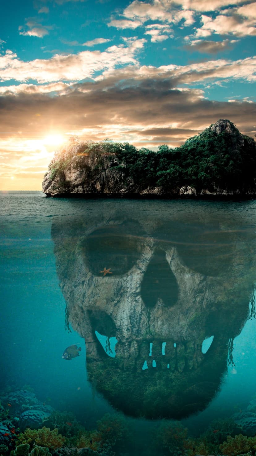 Skull-shaped rock formation hidden under a green island with coral eye sockets and a swimming fish in blue water.