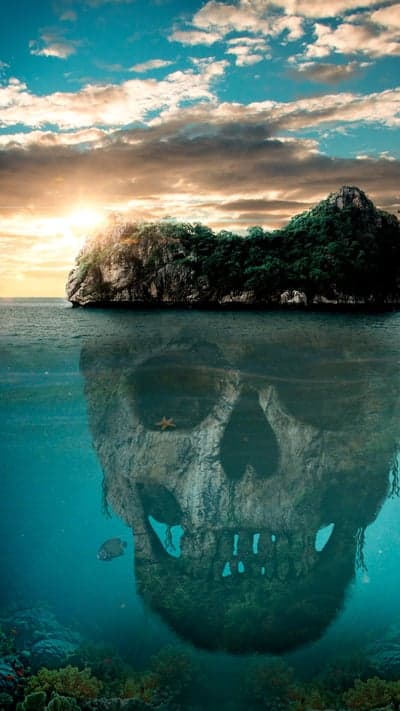Island Skull Reflection in Ocean Depths