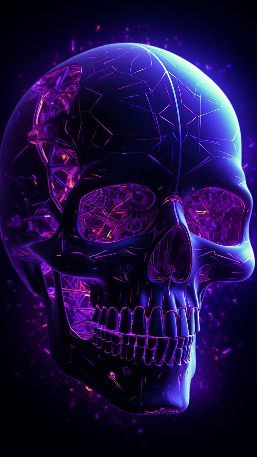 Neon skull with glowing purple and blue geometric patterns floating in a dark space filled with light particles.