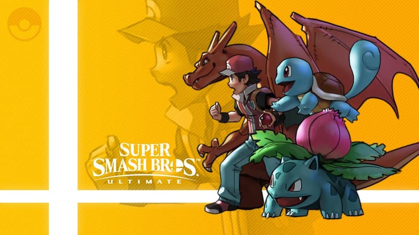 Pokémon Trainer posing with Charizard, Ivysaur, and Squirtle against a yellow diagonal striped background.