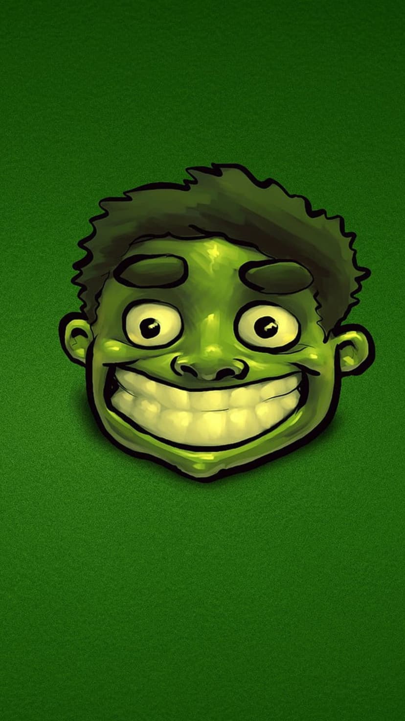 Green character with a wide toothy grin and surprised eyes set against a textured lime green background.
