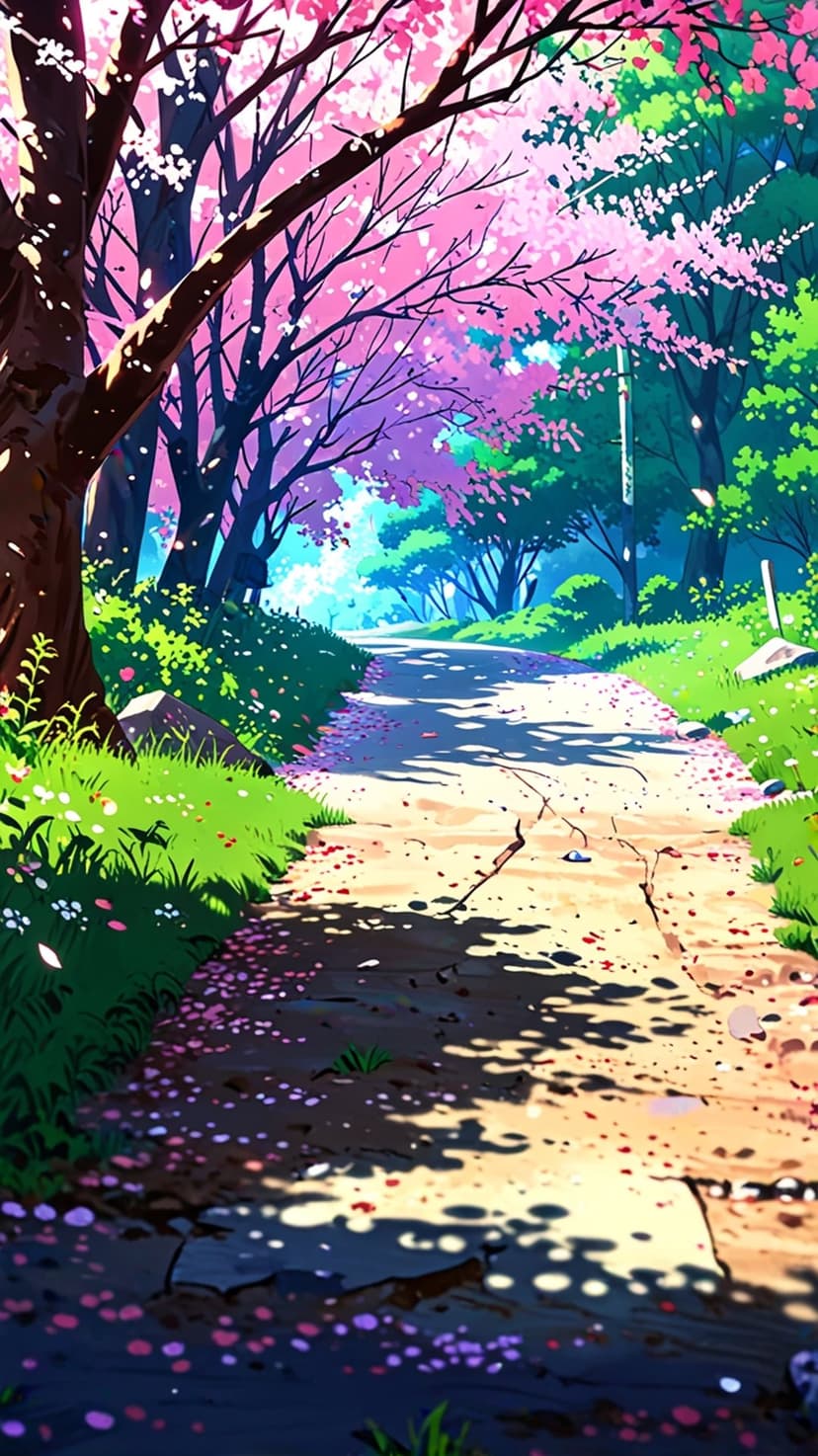 Cherry blossom path with pink petals falling under dapple sunlight between flowering trees in an anime style.