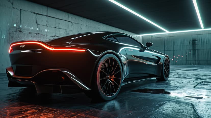 Black sports car with a glowing red light bar parked on a reflective wet floor in a neon-lit dark garage.