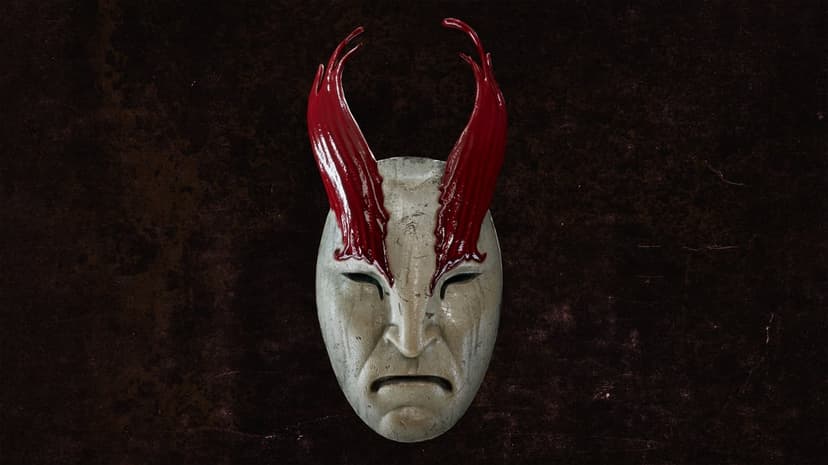 Weathered white mask with deep red liquid horns splashing from its eyes against a dark textured backdrop.