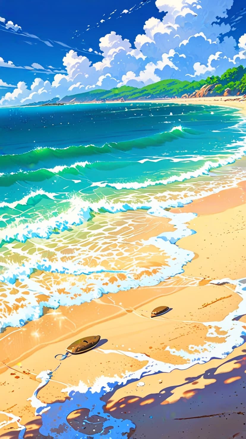Two surfboards lean on a golden beach near turquoise ocean waves and distant green hills under a bright sky.