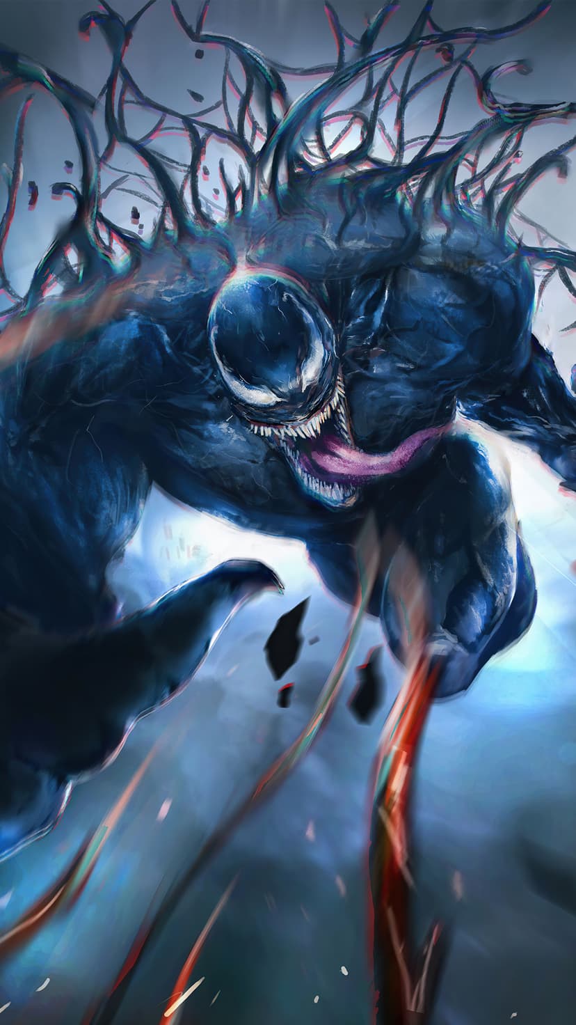 Venom displays sharp teeth and white eyes amidst black tendrils and red energy splatters on a blue background.