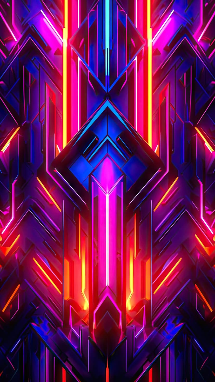 Intersecting neon pink and blue geometric shards with glowing orange highlights against a dark 3D background.