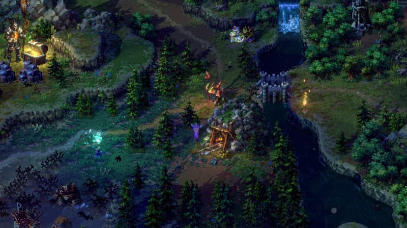 Pixel art fantasy landscape with a river, bridge, pine forest, and a mine entrance under moody lighting.