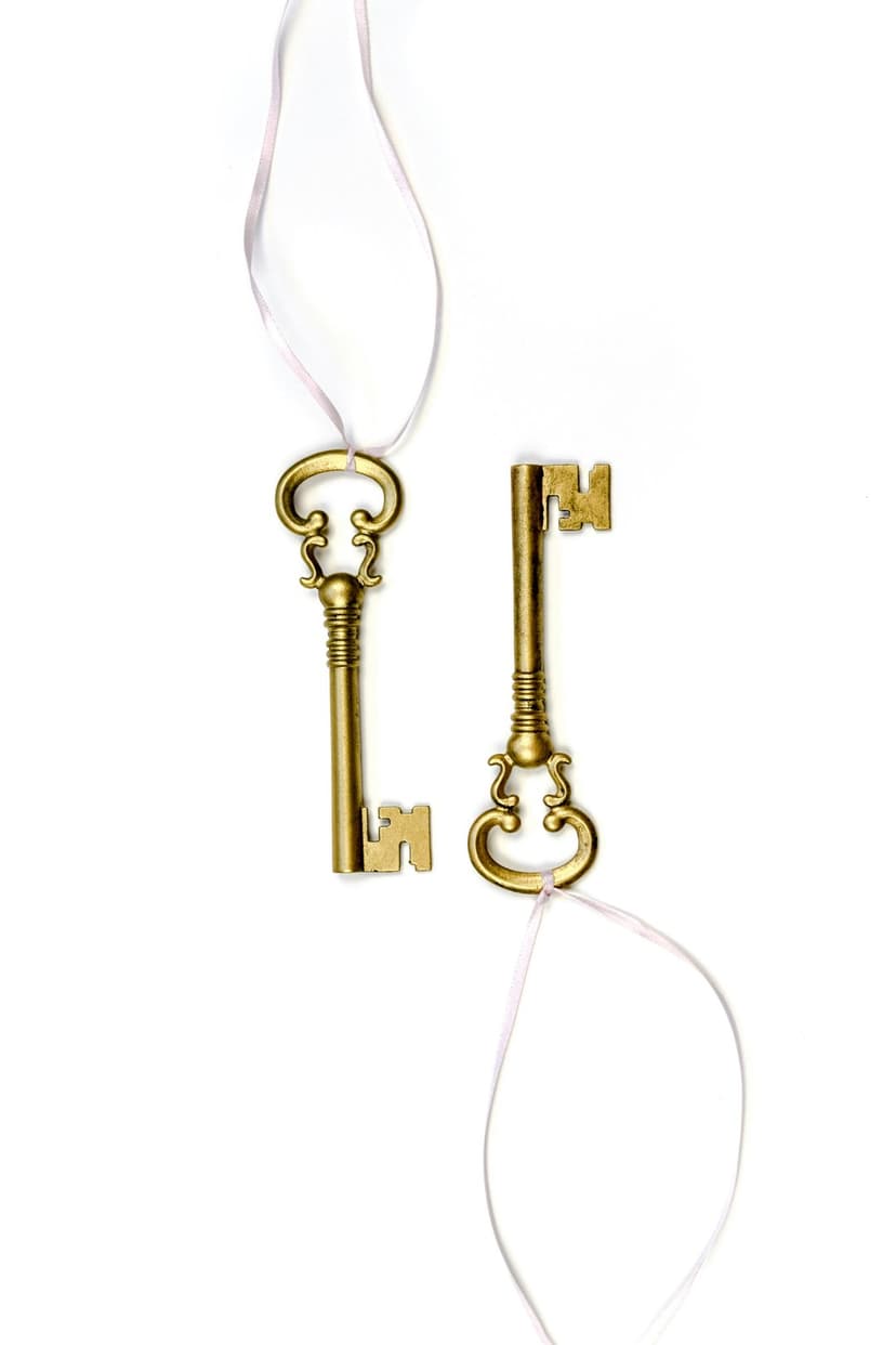 Ornate brass skeleton keys suspended by pink ribbons against a clean white background in a vertical composition.