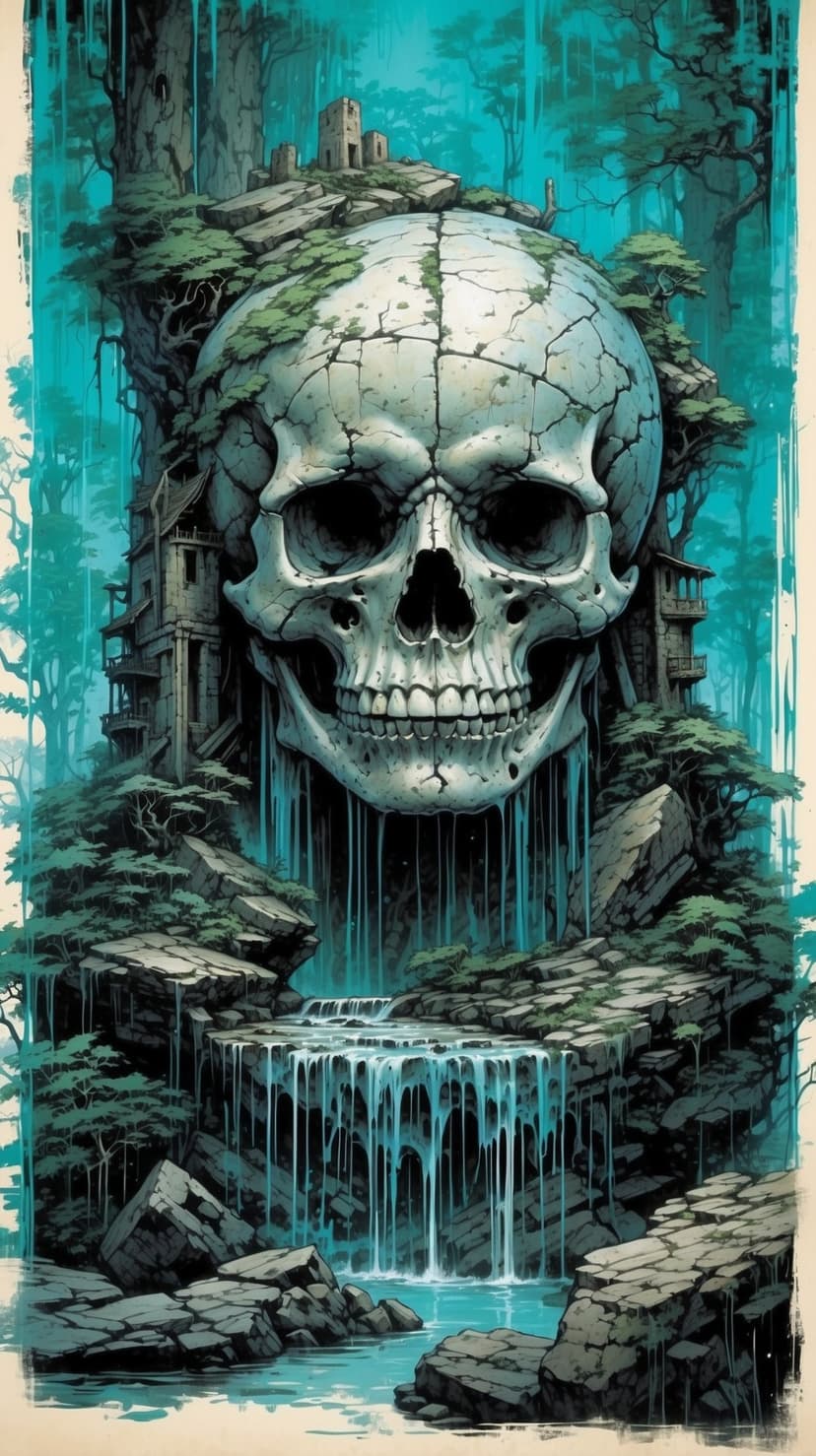 Colossal cracked skull built into a jungle cliff with water pouring from its mouth into a pool of mossy rocks.