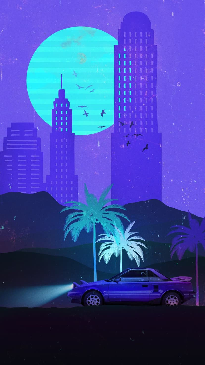 Vintage sports car on a neon-lit street with palm trees and a giant moon behind distant city skyscraper outlines.