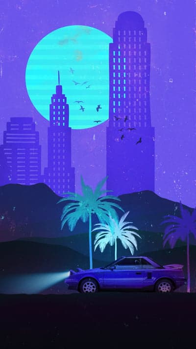 Retro synthwave cityscape with car and palm trees