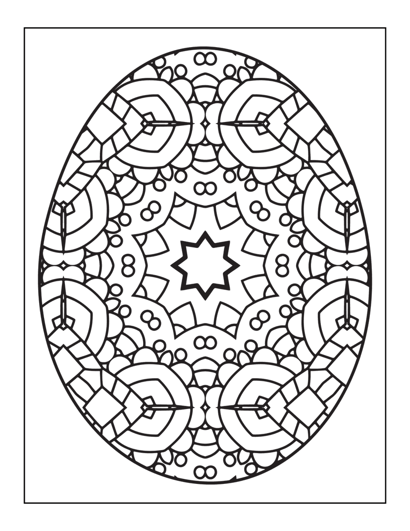 Black egg mandala featuring symmetrical floral patterns and geometric linework centered on a white background.