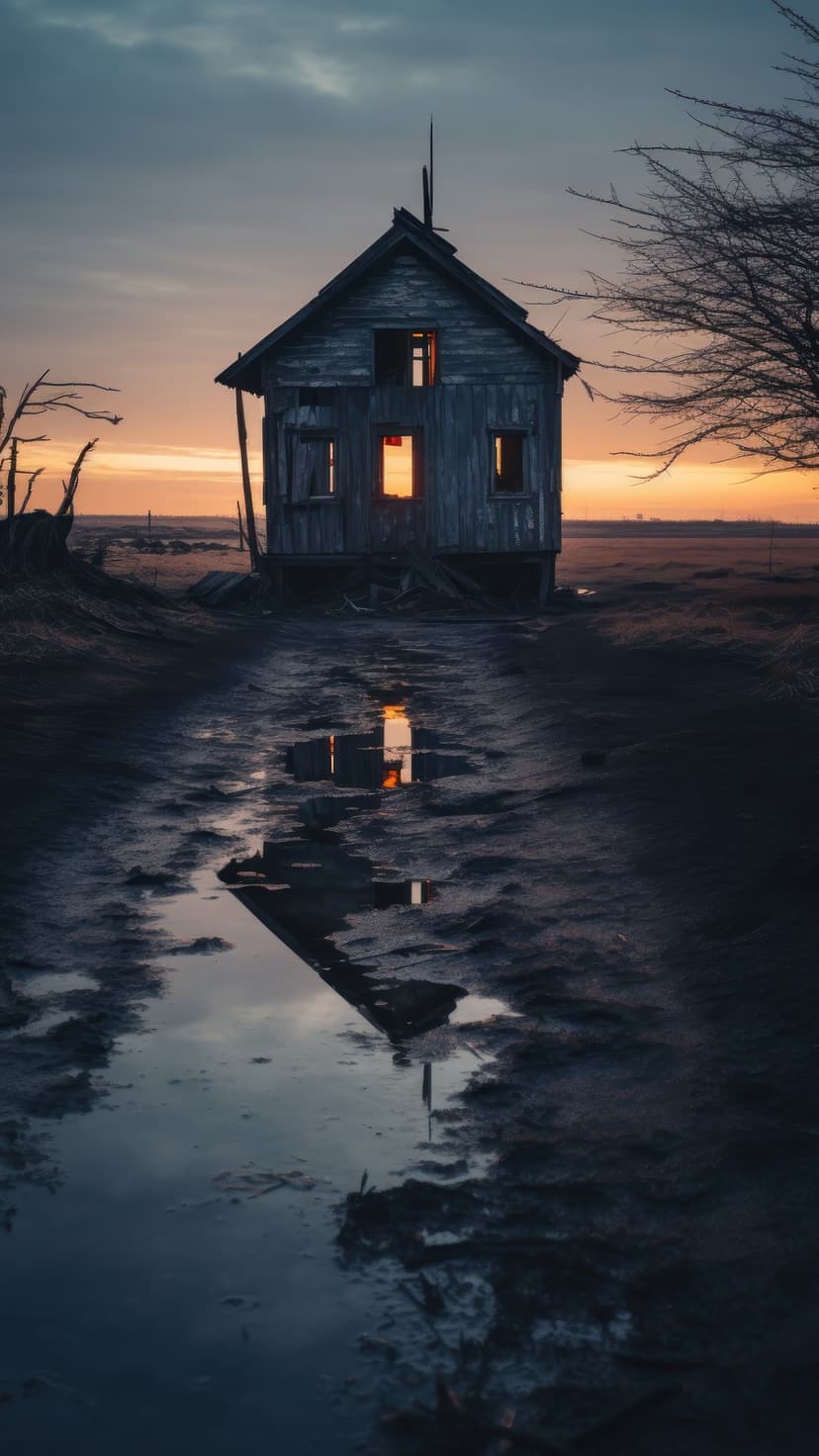 Weathered wooden house with broken windows reflecting in dark water under a dramatic orange sunset sky.