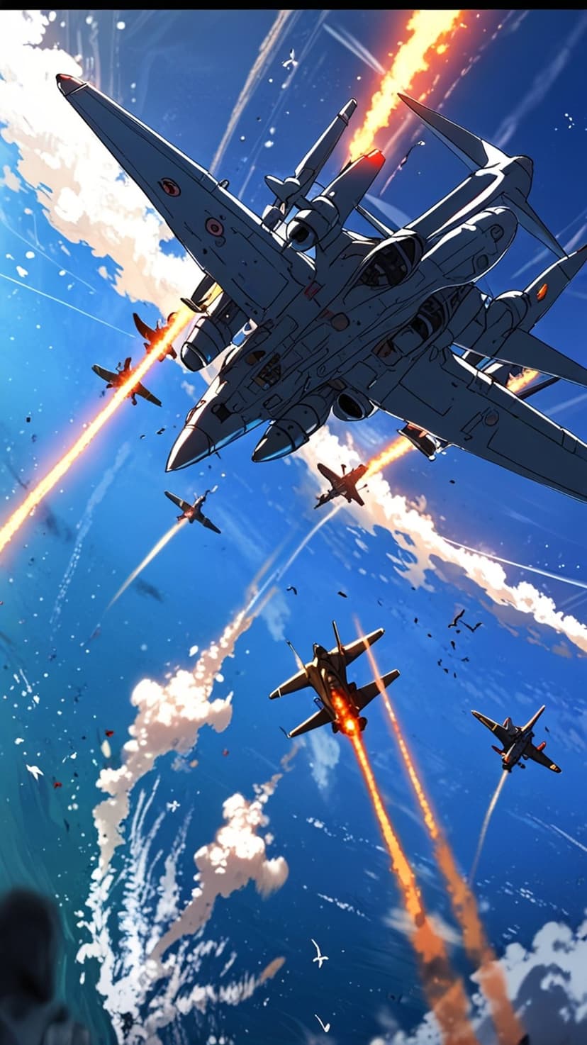 Futuristic fighter jets fire glowing lasers during an intense aerial battle high above the Earth's atmosphere.