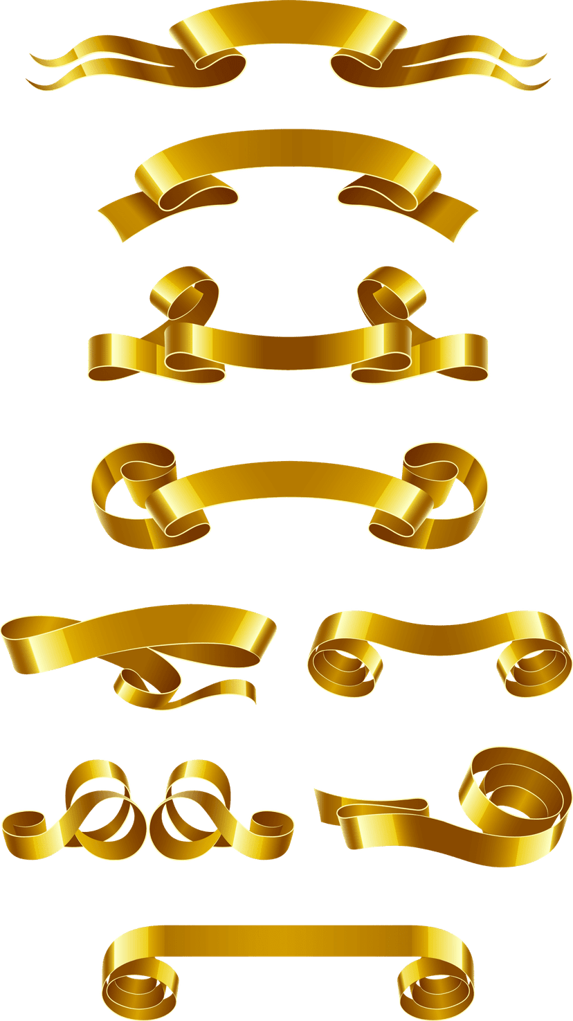 Gold ribbon banner with a polished metallic texture and geometric euclidean curves isolated on a clear background.