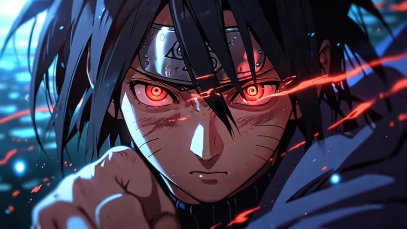 Sasuke Uchiha with glowing red Sharingan eyes stares forward through floating embers and dark shadows.