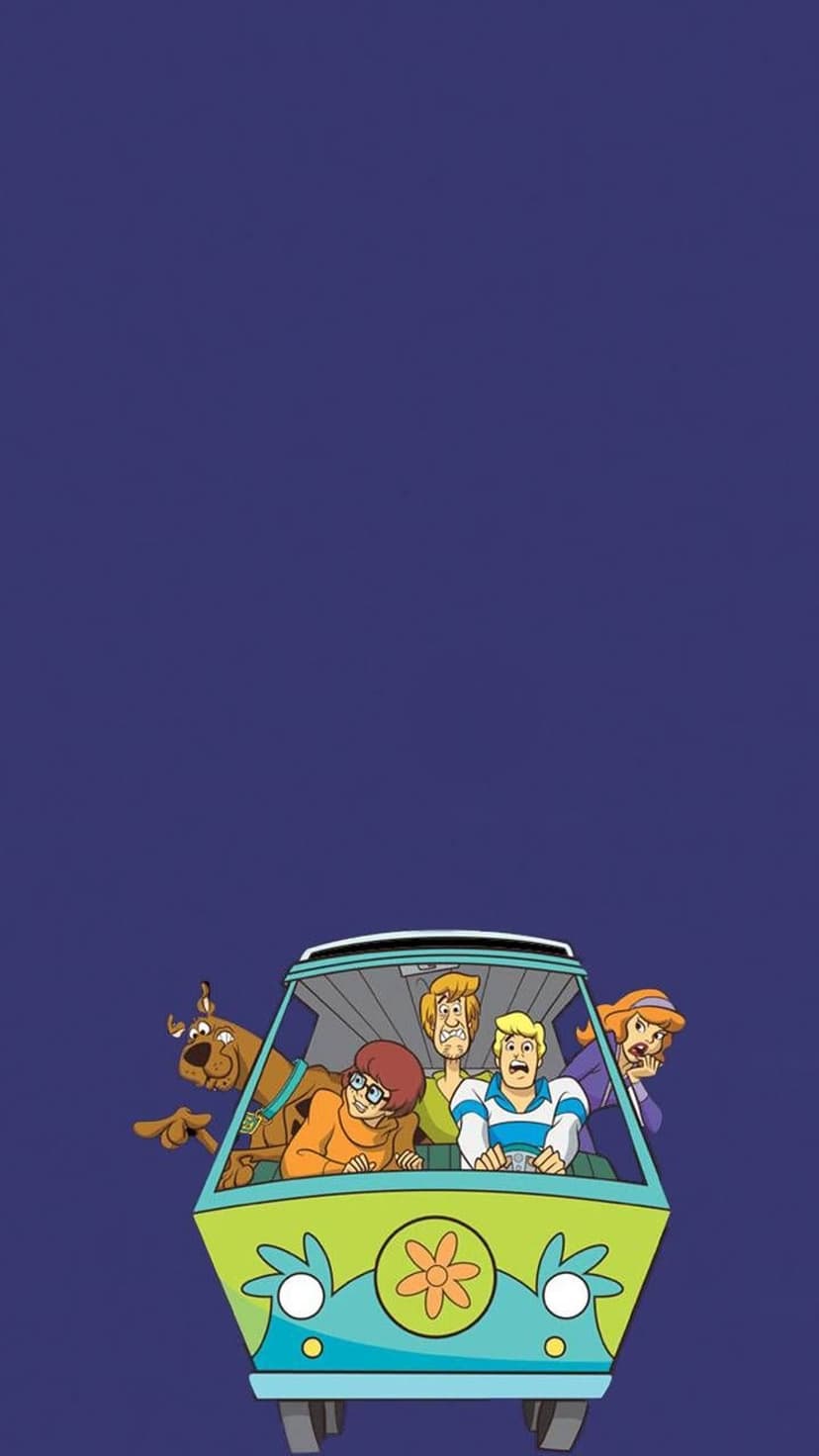 Scooby-Doo and the Mystery Machine crew look out of their green van against a dark purple background.
