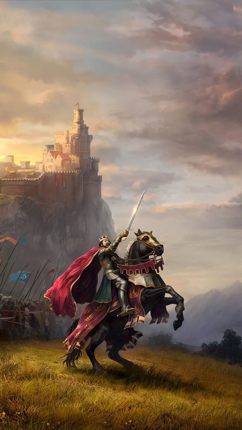 Crowned knight on horseback raises a sword before a cliffside castle during a golden sunset over a grassy field.