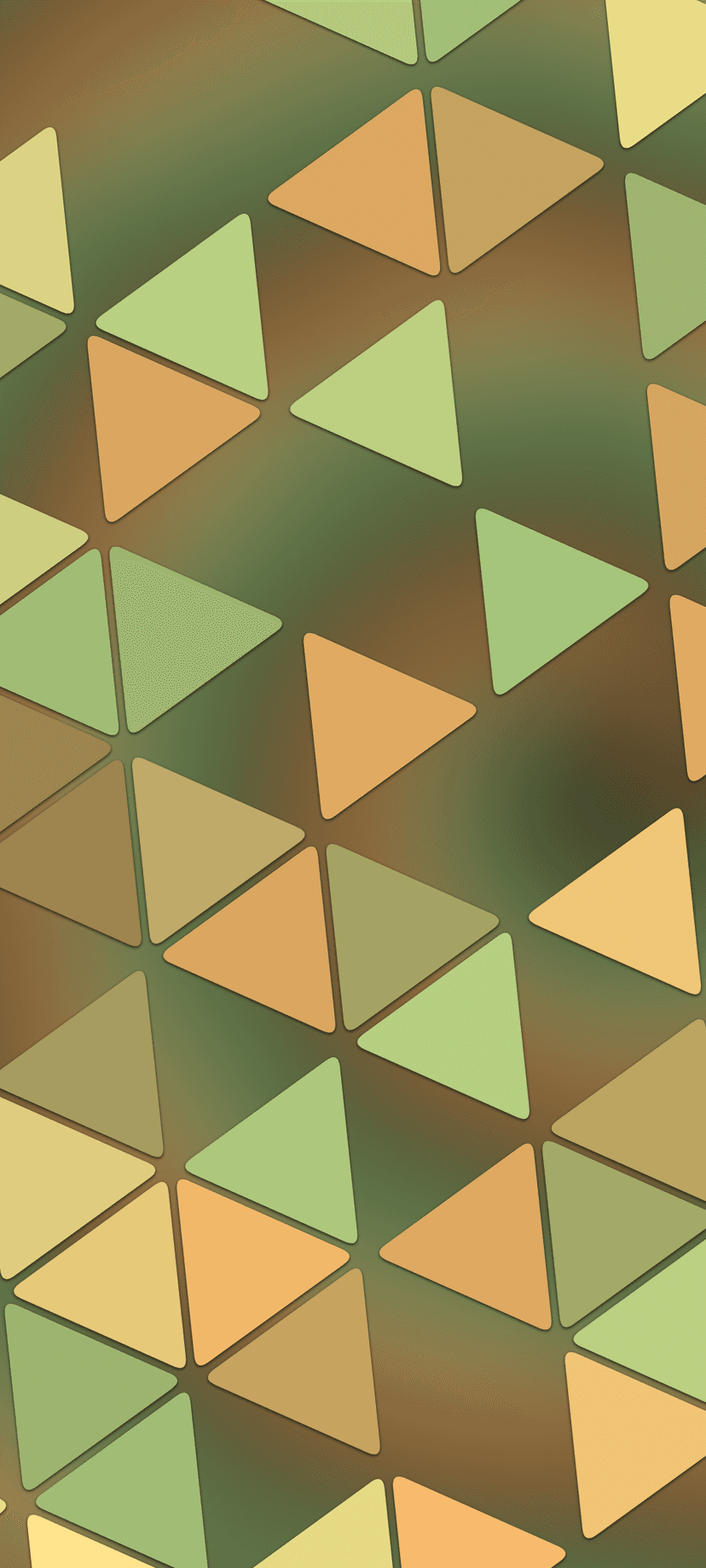 Equilateral triangles in sage green and sandy orange form a repeating geometric pattern with subtle textures.