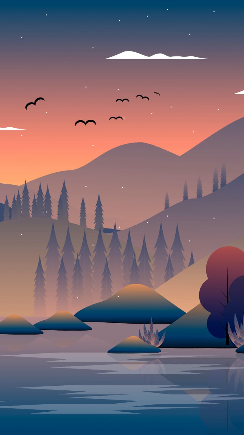 Majestic mountain silhouettes and pine trees reflect in a calm lake under a starry orange and blue sunset sky.