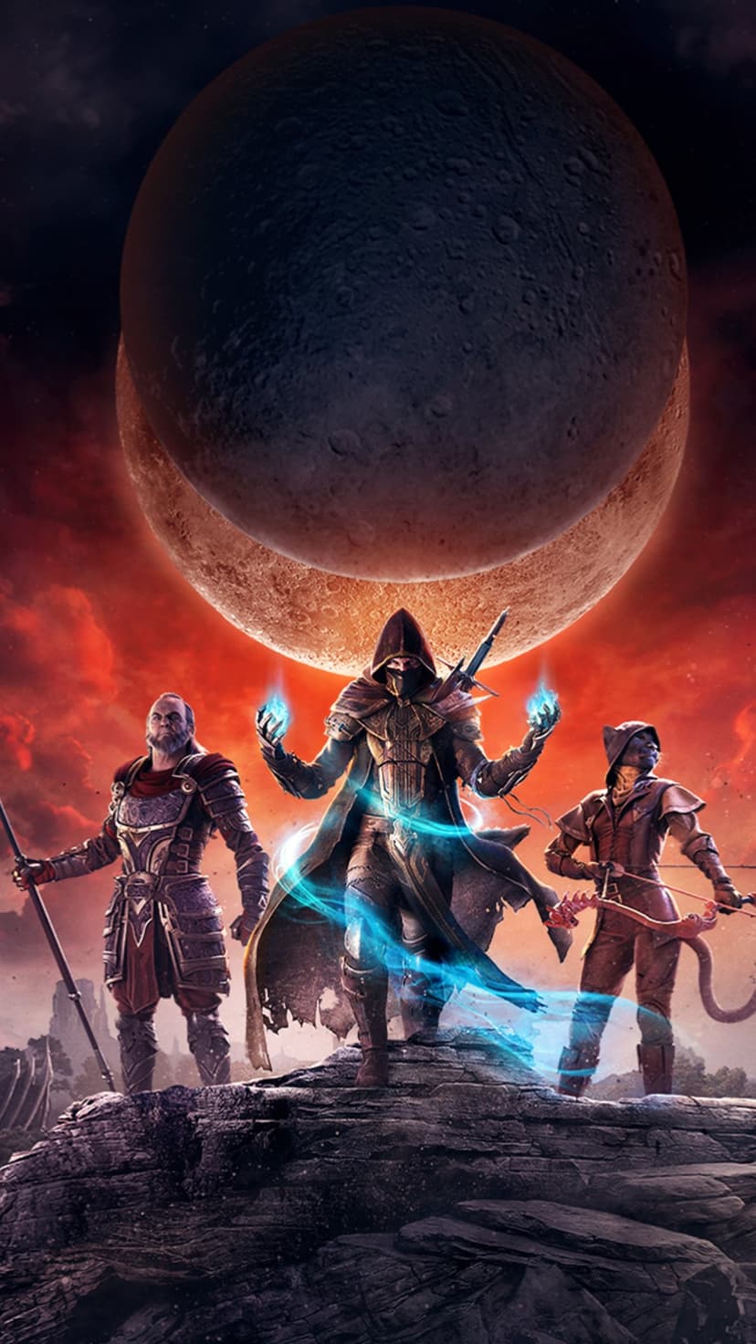Three fantasy heroes including a hooded mage and feline archer stand on a cliff under a huge red moon eclipse.