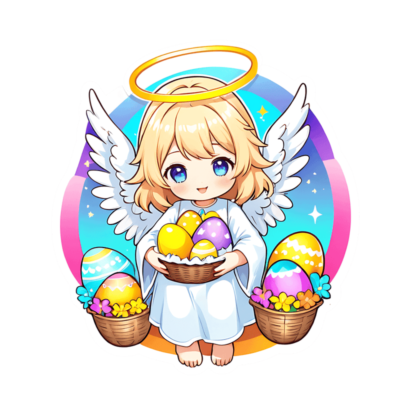 Chibi angel holding Easter eggs in a wicker basket against a pastel rainbow background with white stars.