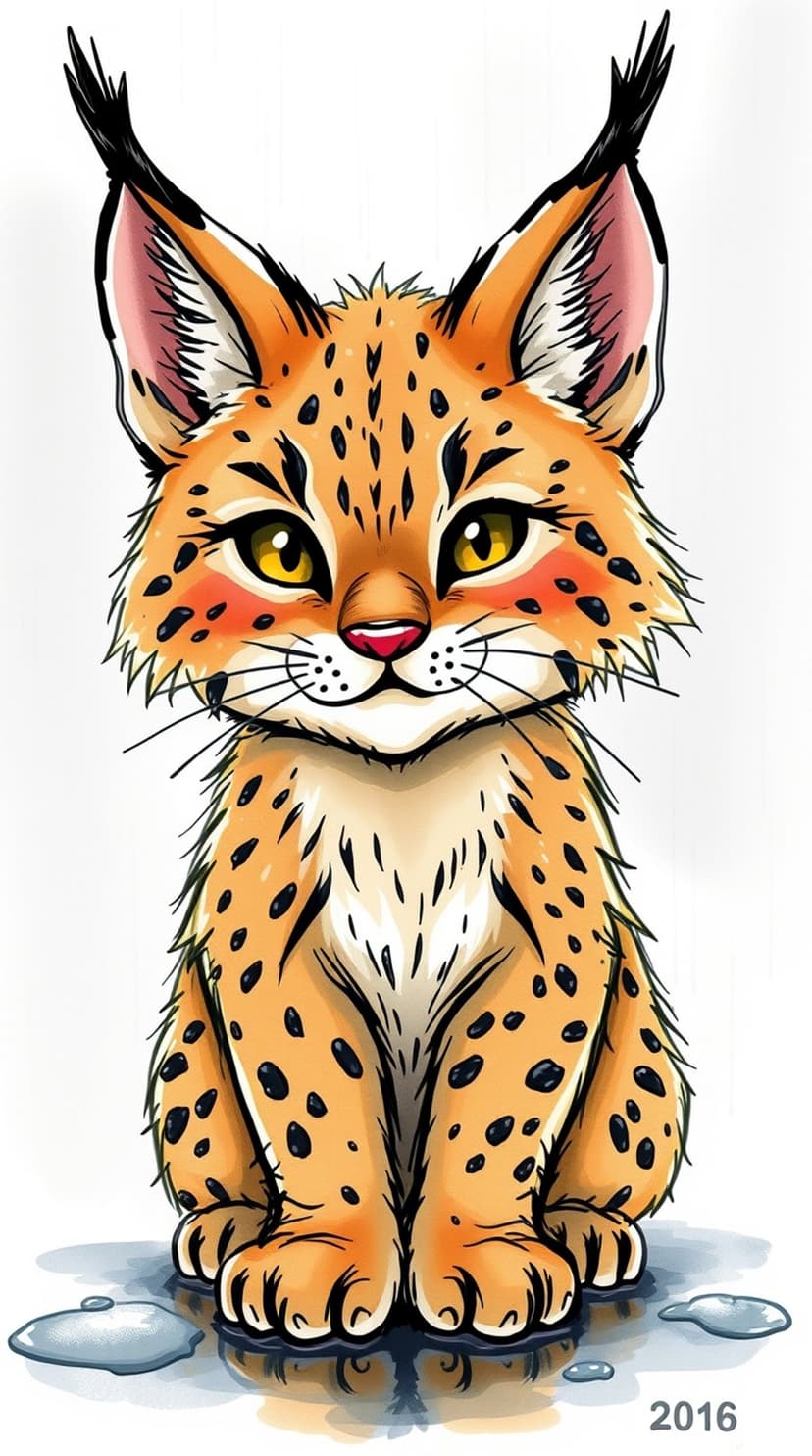 Orange lynx kitten with large yellow eyes and tufted ears sits on a frozen surface with a light blue background.