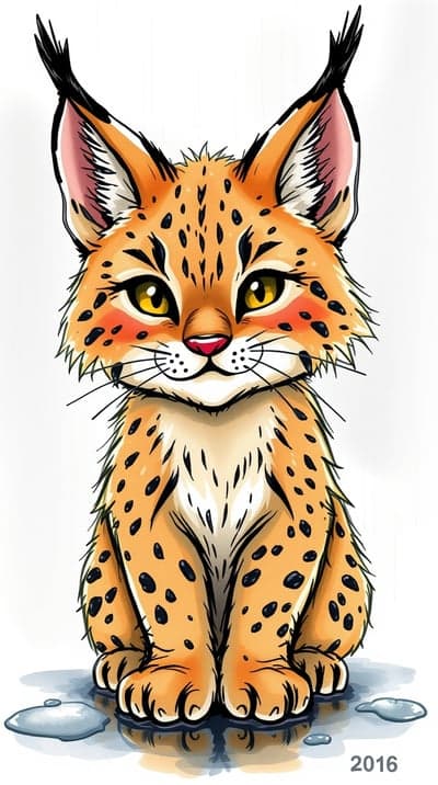 Cute cartoon lynx kitten sitting on ice, 2016 artwork