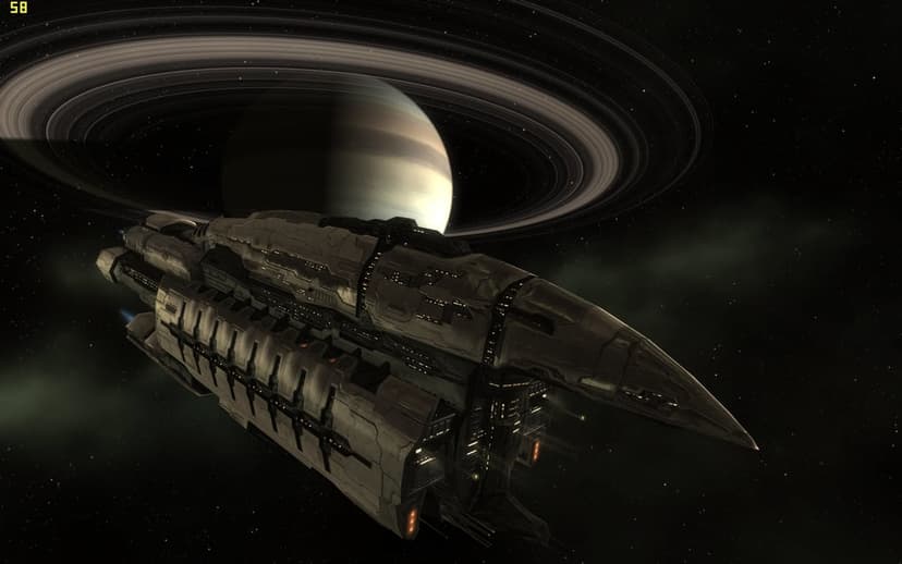 Massive sci-fi starship orbiting a ringed gas giant planet in deep space with glowing lights and distant stars.