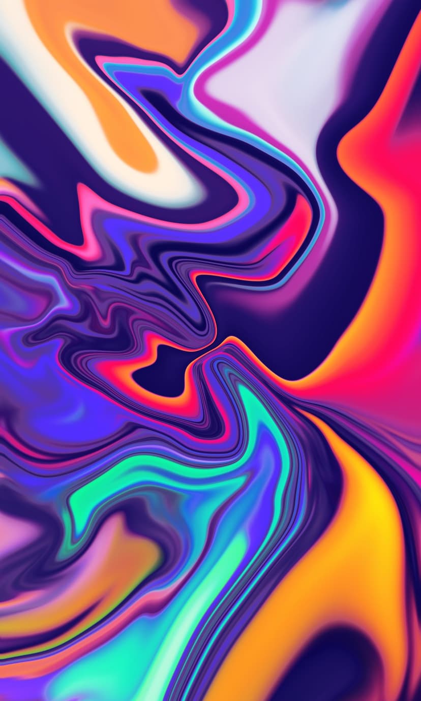 Neon pink and electric blue liquid swirls flow together with sharp teal highlights in a vertical composition.