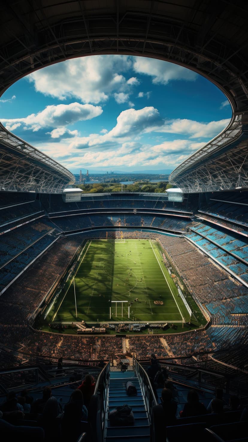 Massive sports stadium with a green field and packed seating under a dramatic, cloudy sky from an aerial view.