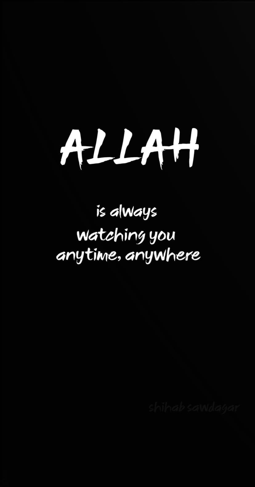 Allah text in bold white letters above a handwritten spiritual quote set against a solid black background.