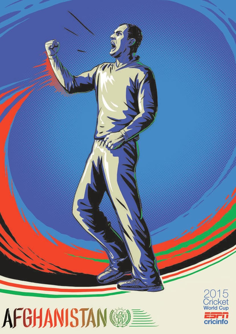 An Afghan cricketer with a clenched fist and open mouth shouts in triumph over a blue and red abstract background.