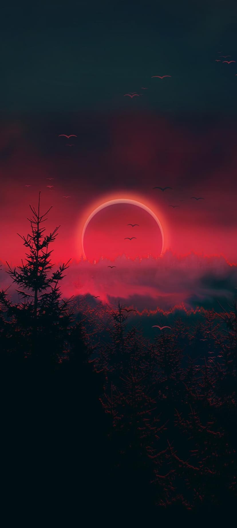 Glowing red solar eclipse hangs over a dark coniferous forest silhouette as birds migrate through a hazy sky.