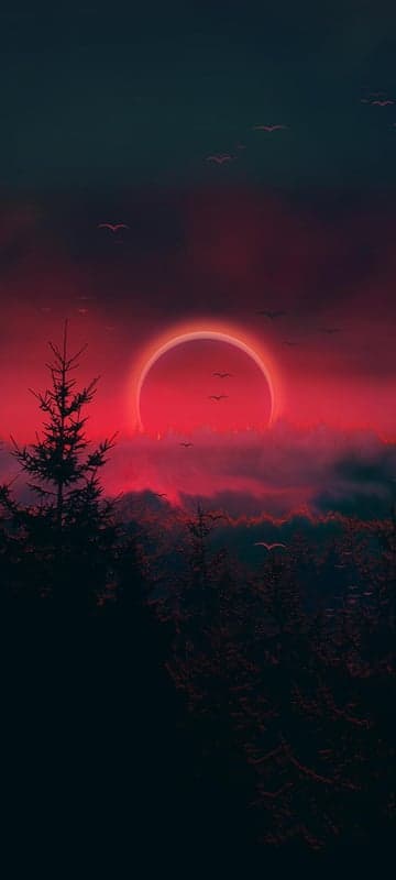 Crimson Eclipse Over Silhouetted Forest at Dusk