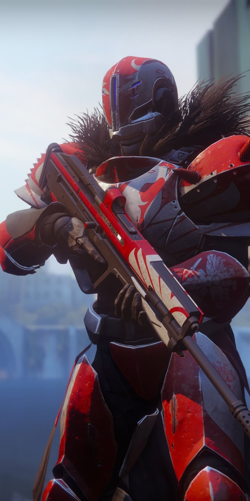 Destiny 2 Titan in red and white Crucible armor holding a rifle against a blurred urban background.
