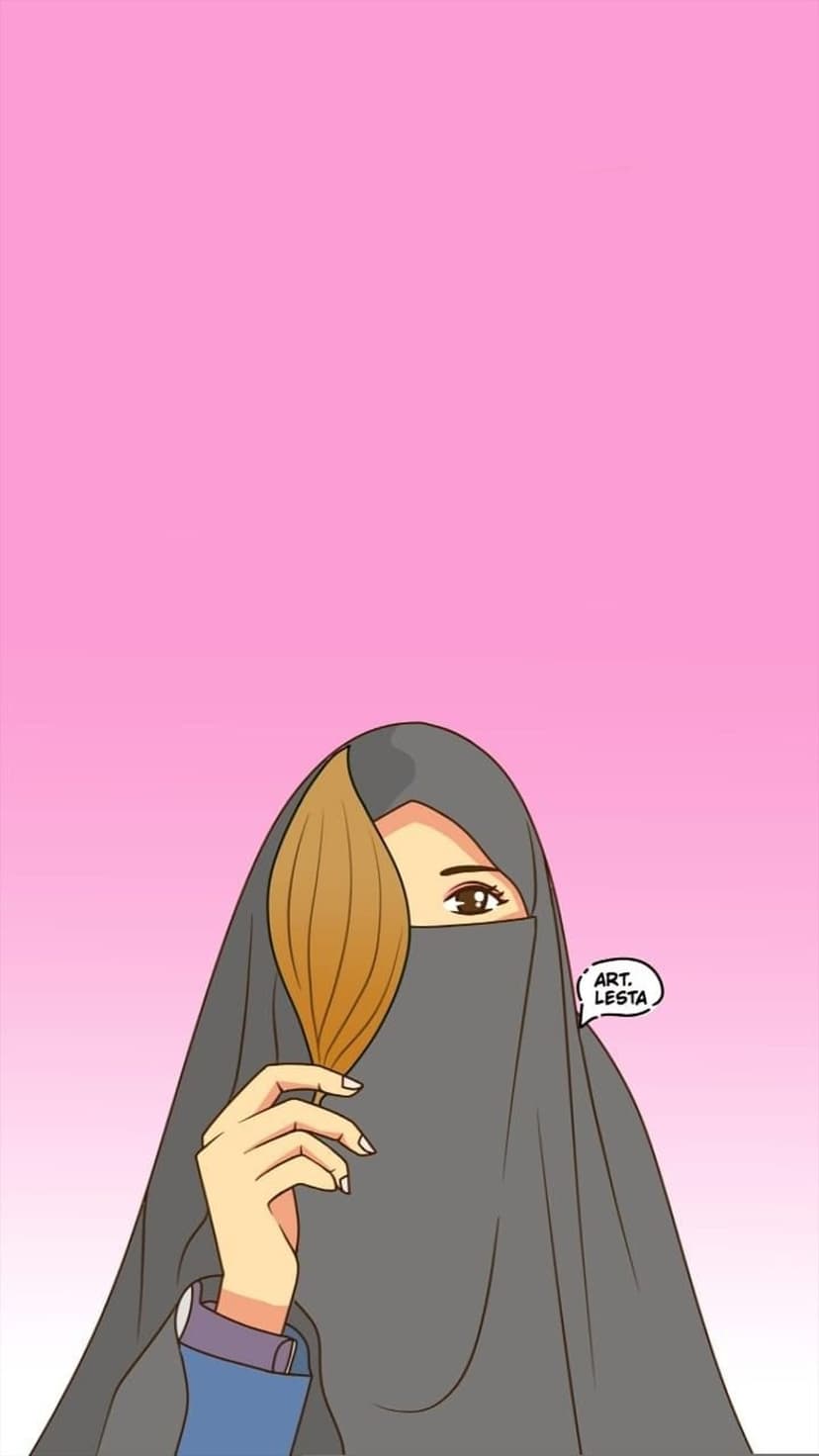 Woman in a gray niqab holds a strand of blonde hair against a solid pink background with her eye visible.